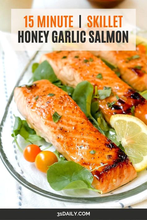 This Honey Garlic Salmon recipe is one of the easiest ways to cook salmon. It's one-pan meal that's both sweet and savory with a delicious sauce made with simple ingredients you likely already have on hand. Plus, this flavorful, delicious seafood dinner is ready in about 15 minutes! Easy Honey Garlic Salmon, Fall Salmon, Quick Salmon Recipes, Ways To Cook Salmon, Fresh Fish Recipes, Paleo Dinner Ideas, October Food, Quick Salmon, Healthy Seafood Recipes