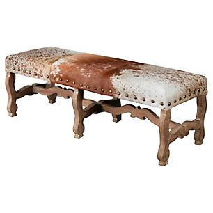 Penny 59" Nail-Head Bench, Cowhide Cowhide Upholstery, Cowhide Bench, Loft Designs, Entry Furniture, Ranch Decor, End Of Bed Bench, Western Furniture, Southwest Decor, Learn Woodworking