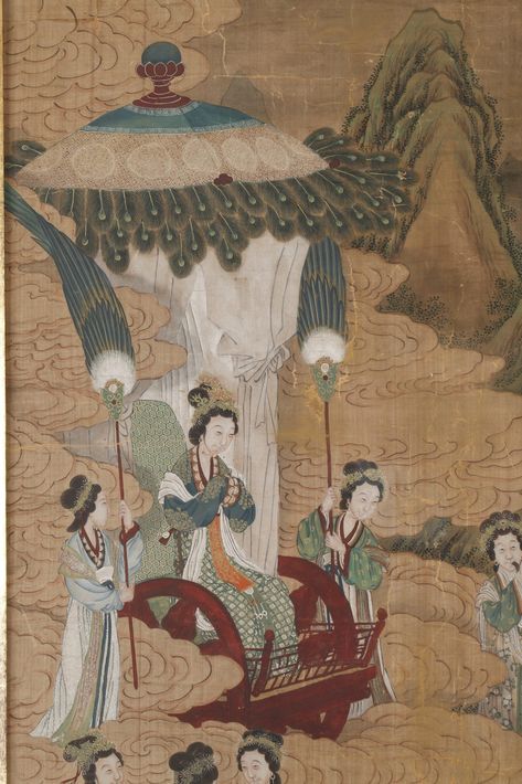 A pair of paintings depicting episodes from the life of emperor Wu of the Han Ink and colours on silk China Ming dynasty (1368-1644) 17th century 185 x 50 cm Belgian private collection Ming Dynasty Painting, Pair Of Paintings, Ancient China Art, Chinese God, Two Paintings, Chinese Art Painting, Ancient Chinese Art, Ancient Paintings, Han Dynasty