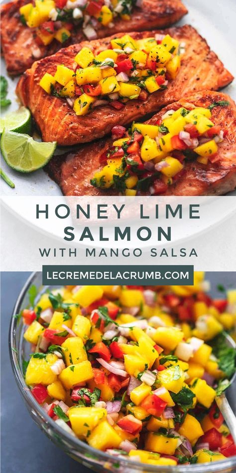 Honey Lime Salmon, Salmon With Mango Salsa, Salmon With Mango, Mango Salsa Salmon, Mango Salsa Recipes, Lime Salmon, Healthiest Seafood, Baked Salmon Recipes, Salmon Dishes