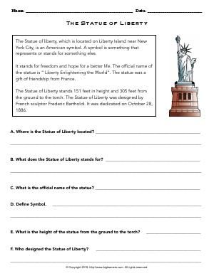 Worksheet | The Statue of Liberty | Read the interesting facts about the Statue of Liberty, then answer the questions based on the text. Liberty Bell Activities, The Statue Of Liberty, Lego Statue Of Liberty, Mental Maths Worksheets, American Symbols, Verb Worksheets, Social Studies Elementary, Reading Practice, Summer Learning