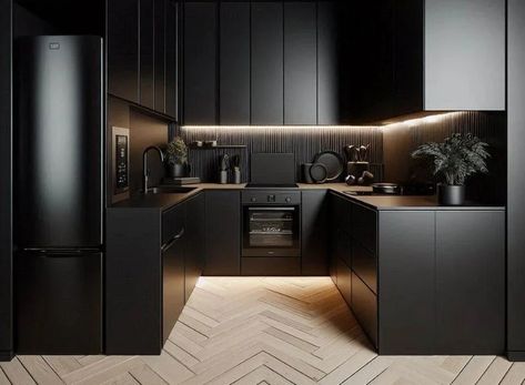 7. All black kitchen wall colour Black Kitchen Wall, Kitchen Paint Colours, Glossy Floor, Monochromatic Scheme, All Black Kitchen, Black Cabinetry, Aesthetic Lovers, Rustic Farmhouse Table, Farmhouse Tables