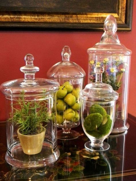 Apothecary Jars for the Living Room and Dining Room Jars In Kitchen, Glass Jar Decorating Ideas, Apothecary Jar Decor, Apothecary Jars Kitchen, Jar Decorating Ideas, Apothecary Jar Ideas, Apothecary Bathroom, Apothecary Jars Bathroom, Apothecary Jars Decor