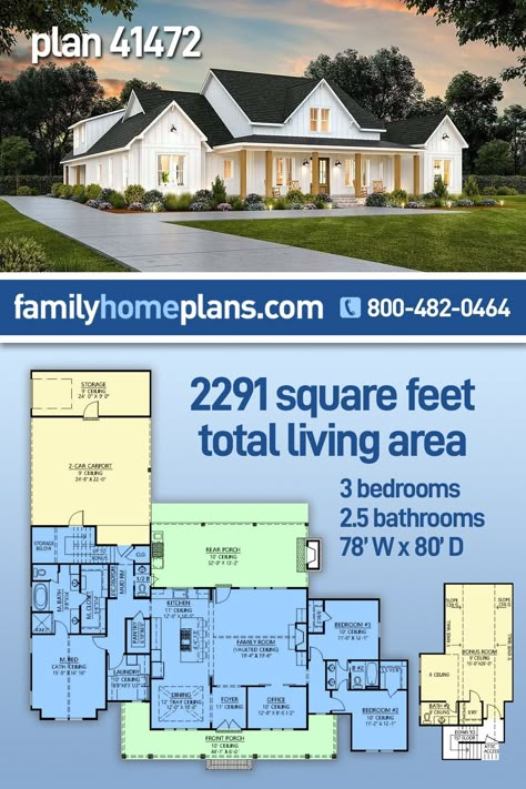 House Plan 56710, 3 Bed 2 Bath Floor Plans Open Concept Farmhouse, 1950 Sq Ft House Plans, 2500 Sq Ft House Plans One Level Modern Farmhouse, Acadiana Style Homes, House Plans Around 2000 Sq Ft, Farmhouse With Carport Floor Plans, New American Farmhouse Plans, 2200 Sq Ft Farmhouse Plans