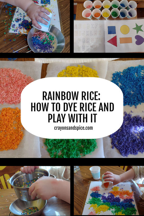 Picture of dyed rainbow rice on parchment paper. This paper is surrounded by four more pictures of the hands of a toddler and preschooler playing with the dyed rice. Colored Rice Activities, How To Color Rice With Food Coloring, Dye Rice Food Coloring Sensory Play, Dye Rice, Dyeing Rice For Sensory Bins, How To Dye Rice For Sensory Play, Dyed Rice, Sensory Kids, Rainbow Rice