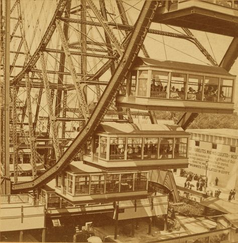 This ferris wheel (from 1893), has to be just about the most awesome ones I've ever seen. I love the large seating areas in the glassed in enclosures, and would have lined up for hours to have ridden this fantastic carnival ride. #fair #carnival #ferris_wheel #Victorian #1800s Columbian Exposition 1893, World's Columbian Exposition, Paris 1900, Chicago History, Carnival Rides, Worlds Fair, Chicago Photos, Chicago City, White City