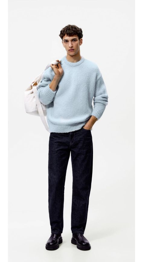 Blue Knit Sweater Outfit Men, Minimal Winter Outfit Men, Quiet Luxury Men Outfit, Monochrome Outfit Men, Minimal Mens Fashion, Blue Sweater Outfit, Zara Mens, Sweater Outfits Men, Classy Clothing