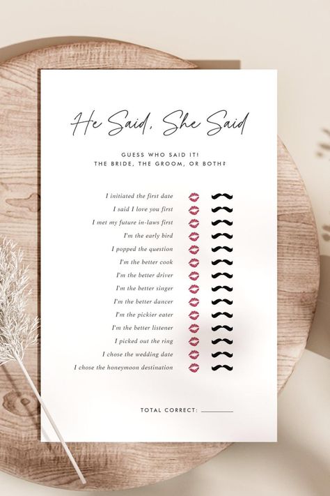 He Said, She Said Bridal Shower Game I Loved You First, He Said She Said, School Notebooks, Shower Supplies, Good Listener, The Wedding Date, Free Birthday Invitation Templates, Free Birthday Invitations, Honeymoon Destinations