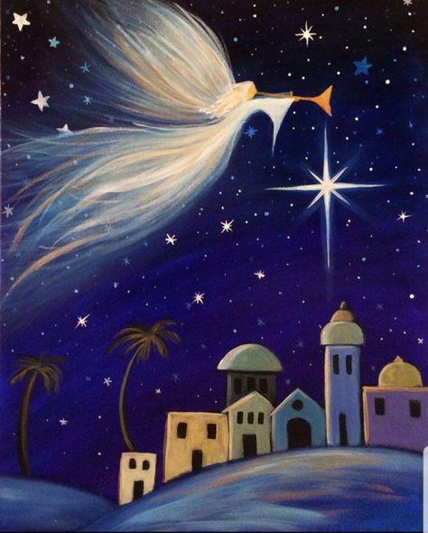 Winter Painting Ideas, Nativity Painting, Christmas Paintings On Canvas, Christmas Card Art, Holiday Painting, Christmas Nativity Scene, Angel Painting, Winter Painting, Birth Of Jesus