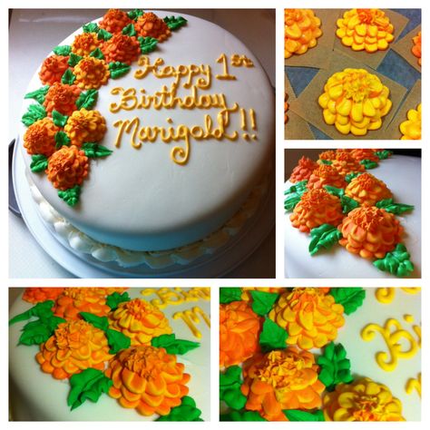 Vanilla & chocolate cake & buttercream. Homemade marshmallow fondant & royal icing marigolds Marigold Cake Decoration, Marigold Cupcakes, Marigold Cookies, Marigold Cake, Paint Marigolds, Painted Marigolds, Diwali Cake, Buttercream Marigold Flowers, Vanilla Chocolate Cake