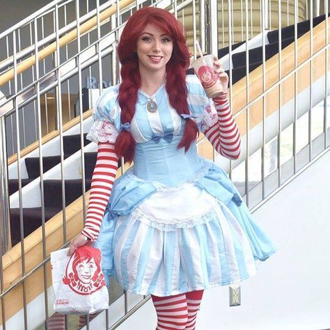 Outfits For Restaurant, Wendys Costume, Wendy's Costume Fast Food, Kawaii Fitted Cosplay Dress, Wendys Fast Food Cosplay, Wendy’s Costume, Wendy Cosplay Fast Food, American Mcgee’s Alice Cosplay, Wendy's Breakfast