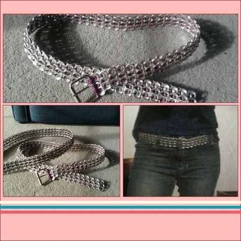 soda can tab belts i made :) Pull Tab Belt, Soda Tap Bracelets, Can Tab Bracelet Tutorial, How To Make Soda Tab Bracelet, Soda Tab Armor, Soda Can Tabs Crafts, Soda Tab Belt, Soda Tab Crafts Diy, Soda Tab Diy