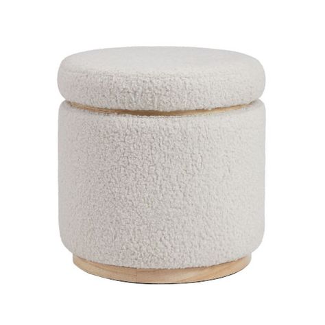 Brighton Hill Blanche Natural Storage Ottoman | Bellacor Natural Wood Trim, Round Storage Ottoman, How To Store Shoes, Sherpa Fabric, Round Storage, Ottoman Bed, Lid Storage, Round Ottoman, Upholstered Storage