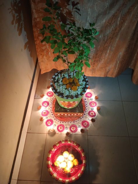 Tulasi Pooja Tulasi Festival Decoration, Tulasi Pooja Decoration Ideas, Tulasi Kota Decoration Ideas, Tulasi Vivah Decoration, Tulsi Pooja Decoration, Tulasi Pooja Decoration, Tulasi Vivah Rangoli, Thulasi Plant Decoration, Tulasi Vivah