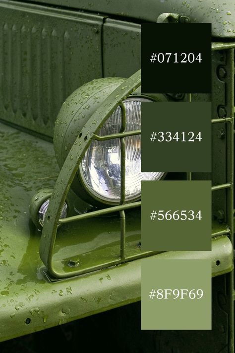 The front end of a military vehicle, with close attention to the headlight encased in a protective guard. The army green color dominates the image, reflecting both the practicality and the enduring aesthetic of military design. Army Green Color Palette, Military Color Palette, Color Scheme Generator, Military Color, Army Green Color, Army Colors, Green Color Palette, Aesthetic Color, Military Design