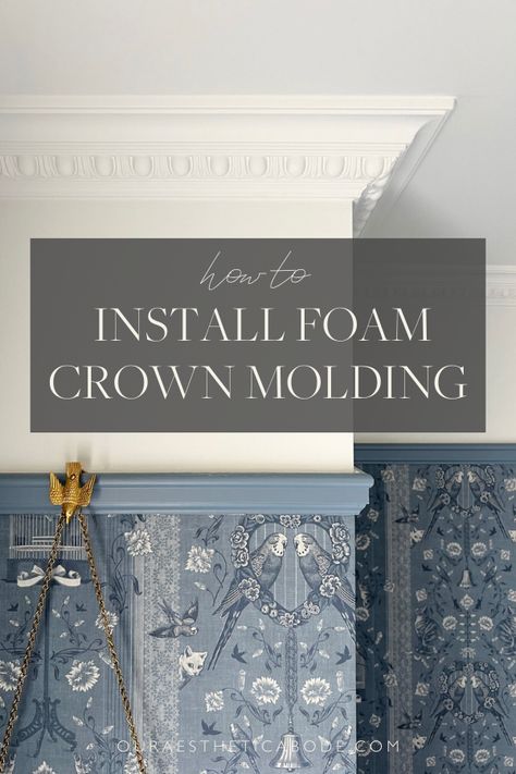 This easy-to-follow, step-by-step tutorial will tell you everything you need to know about how to install foam crown molding! Head to my blog for all the tips and tricks! Wall And Ceiling Molding, Crown Molding Above Door, Historic Crown Molding, French Crown Molding Ceiling Detail, Shower Crown Molding, Styrofoam Crown Molding, Faux Trim Molding, Boho Crown Molding, Renter Friendly Crown Molding