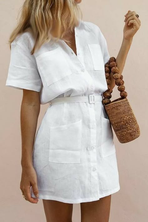 Elegant Shirt Dress, Summer Handbags, Handbag Outfit, Straw Handbags, Summer Fashion Dresses, Lv Handbags, Summer Dress Outfits, Dress Shirts For Women, Mini Shirt Dress