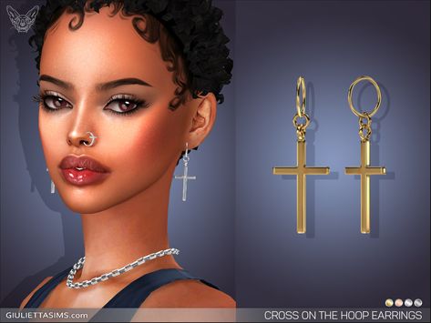 The Sims Resource - Cross On The Hoop Earrings Sims4 Earrings Cc, Sims 4 Jewellery, Sims 4 Cc Accessories Earrings, Sims4 Earrings, Christian Veils, Cc Accessories, Sims 4 Piercings, Mod Earrings, Peace Earrings