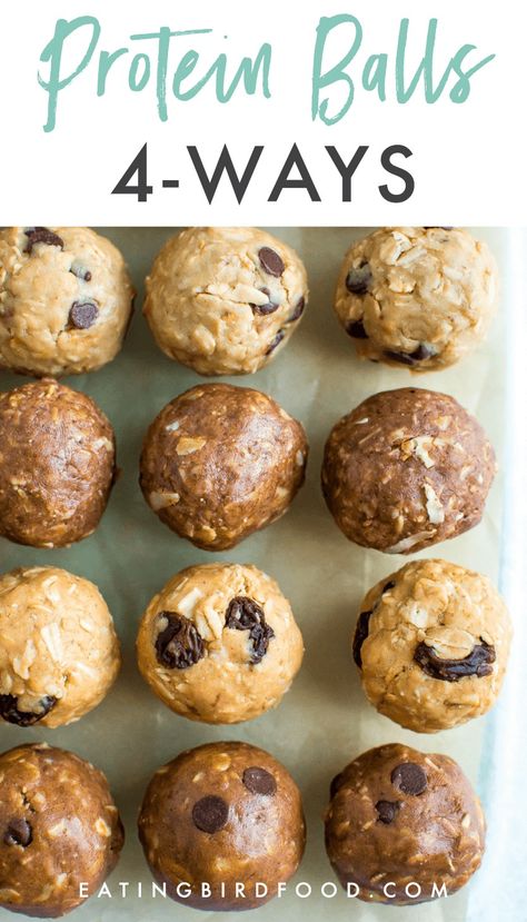 NO BAKE PROTEIN BALLS -- The easiest no bake protein balls on the internet with four different flavors - chocolate peanut butter, tahini chocolate chip, cinnamon raisin and almond joy. Take 10 minutes to whip up a batch and snack healthy all week long! // No Bake Protein Balls // Easy Protein Balls // Peanut Butter Protein Balls #energybites #proteinballs Protein Balls Peanut Butter, Easy Protein Balls, Low Carb Snack Bars, No Bake Protein Balls, Easy Protein Snacks, Chocolate Protein Balls, Protein Balls Healthy, Protein Drink Mix, Protein Ideas