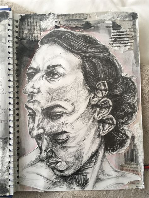 David Theron -A level Sketchbook Art Distortion Art, Paintings Portraits, Sketchbook Layout, Art Alevel, Gcse Art Sketchbook, A Level Art Sketchbook, Reflection Art, Drawing Faces, Gcse Art