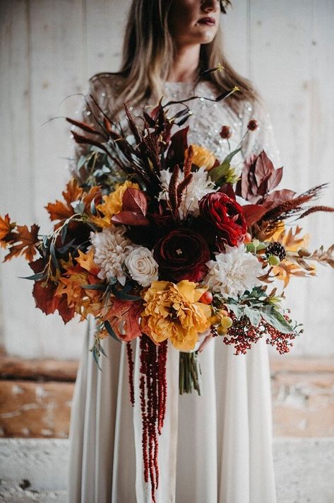 October Wedding-Rust Bridesmaid Dresses Paired with Orange Bouquets and Rust Centerpieces - ColorsBridesmaid Rust Bridesmaid Dress, Orange Bouquets, Wedding Color Trends, Tafel Decor, Silk Flowers Wedding, Fall Wedding Bouquets, Fall Wedding Flowers, Fall Wedding Colors, October Wedding