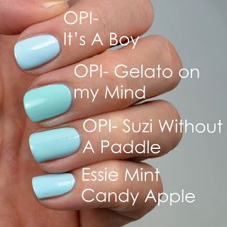 opi it s a boy vs opi gelato on my mind vs suzi without a paddle vs essie mint candy apple Gelato On My Mind Opi, Without A Paddle, Essie Mint Candy Apple, Opi Gel Nails, Opi Nail Colors, Gel Pedicure, Pedicure Colors, Mint Candy, Gel Nail Colors