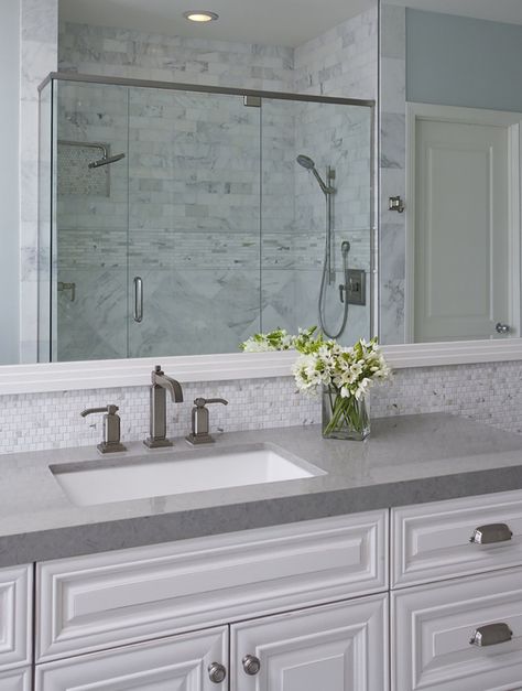 Pretty Bathroom - tiles in backsplash & shower, gray countertop, rectangle sink, large white frame mirror, white cabinets with pulls Master Remodel, Bathroom Grey, Pretty Bathroom, Grey Bathroom Tiles, Pretty Bathrooms, Grey Countertops, Tile Countertops, Subway Tiles, Frame Mirror