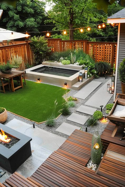 Small Backyard Ideas: Creative Solutions - Quiet Minimal Modern Backyard With Hot Tub, Medium Sized Backyard Ideas, Small Family Backyard Ideas, Small Backyard With Jacuzzi, Yardzen Small Backyard, Small Backyard Ideas Hot Tub, Small Luxury Backyard Ideas, Small Backyard Jacuzzi Ideas, Small Backyard With Pool And Fire Pit