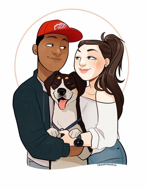 Family With Dog Illustration, Couple With Dog Illustration, Couple With Dog Drawing, Dog Illustration Art, Dog Design Art, Custom Portrait Illustration, Art Basics, Animal Portraits Art, Portrait Cartoon