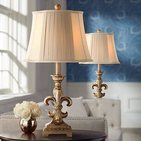 Louis Traditional French Fleur-de-Lis Table Lamps Set of 2 Antique Gold Ivory White Pleated Bell Shade Decor for Living Room Bedroom House Bedside Nightstand Home Office Family - Regency Hill - - Amazon.com Gold Lamp Base, Parisian Room, Victorian Table Lamps, Buffet Table Lamps, Lamps Bedroom, Traditional Table Lamps, Beautiful Table Lamp, Gold Lamp, Bedside Night Stands