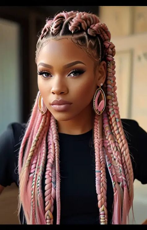 Default Pink Color braids hairstyle for African women 0 1 Braids With Added Color Hair, Colorful Braids Hairstyles, Rainbow Braids For Black Women, Braids Hairstyles Color, Pink Braids Black Women, Braids Blonde Hair, Braids Color Ideas, Colorful Braids, Pink Braids