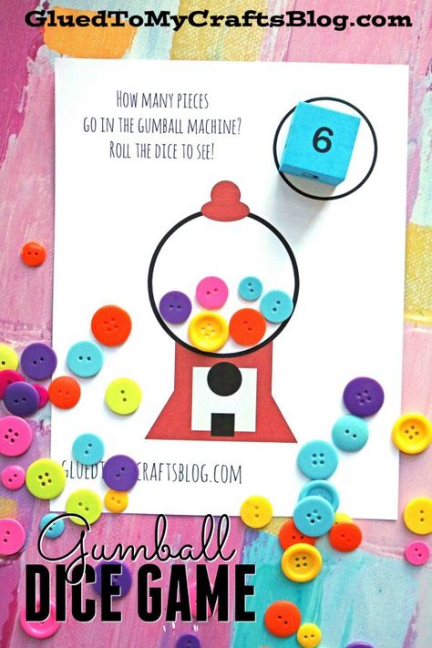 Gumball Dice Game - Busy Bag Learning Game - Free Printable Template - Teachers Printable Math Games, Preschool Math Games, Teacher Freebies, Learning Games For Kids, Free Printable Games, Valentine's Day Crafts For Kids, Teacher Printable, Gumball Machine, Preschool Games