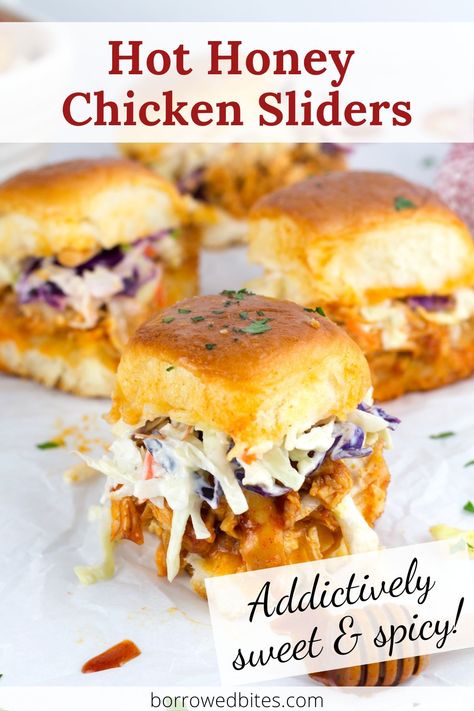 Packed with the most amazing sweet and spicy sauce, these chicken sliders layer sweet Hawaiian rolls, gooey cheese, and a smokey hot honey sauce! Finish them off with a creamy coleslaw for the best bite-sized sandwich around. Made with rotisserie chicken they make the perfect dinner or easy party food! Shredded Chicken Sliders, Easy Chicken Sliders, Sliders Recipes Hawaiian Rolls, Easy Slider Recipes, Shredded Rotisserie Chicken, Sliders Recipes Chicken, Slider Sandwiches, Spicy Chicken Sandwiches, Appetizer Sandwiches