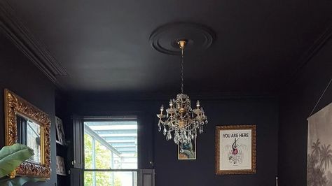 The Ceiling Painting Hack That Makes Any Room Look Bigger Painted Ceiling Bedroom Ideas, Dark Ceilings Lighter Walls, Black Walls And Ceiling, Black Painted Ceiling, Dark Ceiling Light Walls, Painting A Room, Room Look Bigger, Dark Ceiling, Ceiling Painting