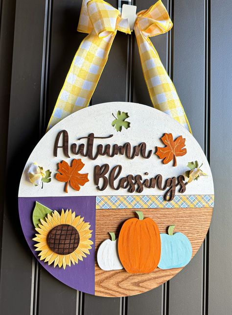 Painted Wood Pumpkins, Welcome Door Sign, Fall Door Decor, Autumn Blessings, Sign For Front Door, Wooden Door Sign, Welcome Door Signs, Yellow Gingham, Fall Is Coming