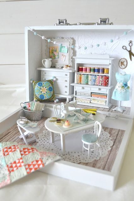 Tea Rose Home: Big Reveal of Small Sewing Room! Small Sewing Room, Small Sewing Rooms, Sewing Spaces, Small Sewing, Sewing Space, Miniature Rooms, Big Reveal, Miniature Doll, Miniature Diy