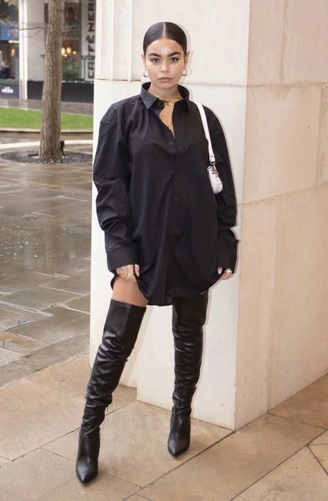 Shirt Dress Thigh High Boots Outfit, Oversized Black Shirt Women, Thigh High Boots Oversized Shirt, Black Shirt Dress With Boots, Shirt Dress With Boots Outfit, Oversized Shirt With Boots, Black Shirt Dress Outfit Winter, Oversize Black Shirt Outfit, Oversized Shirt Outfit Winter