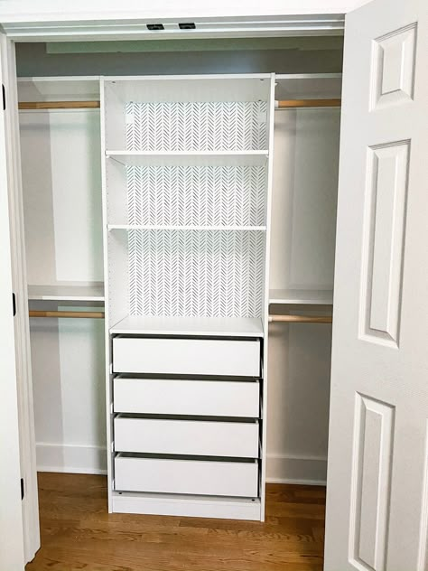 Small Closet Makeover – Ikea Pax Hack – Jessen & Co. Ikea Pax Closet Interior, Long Narrow Closet Shelving Ideas, Bypass Closet Organization, Coat Shoe Closet, Small Closet Ikea Hack, Short Closet Organization, Small Closet Redesign, Aurdal Closet Ikea Hack, Shared Closet Kids