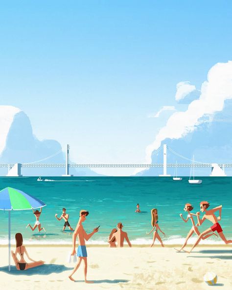 Summer Illust, Illustration Korean, Couple Summer, Environment Painting, Illustration Doodle, Beach Illustration, Sketch Daily, Summer Illustration, Lifestyle Illustration