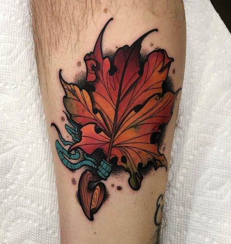 Edgy Tattoos, Maple Leaf Tattoos, Neo Traditional Art, Colored Tattoo, Stingray Tattoo, See Tattoo, Neo Tattoo, Autumn Tattoo, Leaf Tattoo