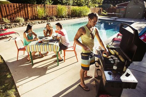 Four friends enjoying a day at the pool. Bbq By The Pool, Get Rid Of Flies, Summer Barbeque, Friends Enjoying, Where To Invest, Horse Fly, Barbecue Party, Summer Barbecue, Bbq Party