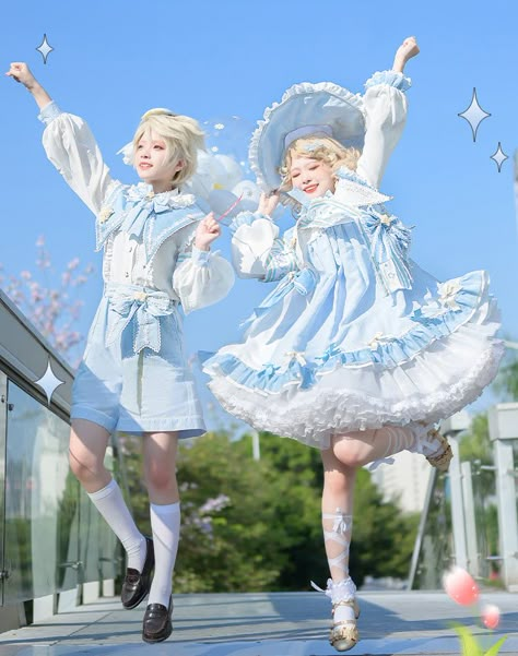 The Fantastic Twins Lolita OP Dress, Ouji Blouse and Ouji Shorts Lolíta Dress, Twins Reference, Twins Pose, Ouji Fashion Female, Twins Poses, Ouji Fashion Outfits, Ouji Fashion Drawing, Ouji Shorts, White Ouji Fashion