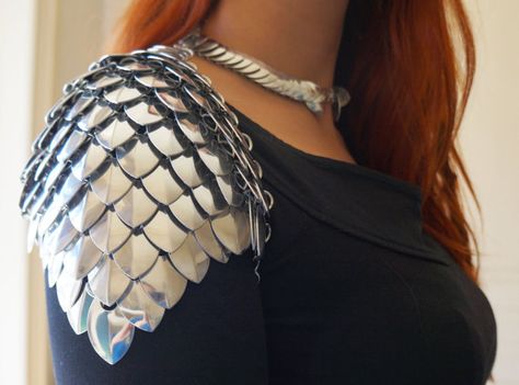 Silver scale mail spaulders shoulder armor by Silmarilclothing Scale Mail, Dragon Scales, Shoulder Armor, Dragon Scale, Fantasy Costumes, Fantasy Armor, Body Armor, Chain Mail, Fantasy Clothing