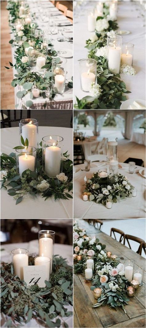 Wedding Centerpieces With Candles And Flowers, Daytime Wedding Centerpieces, Non Floral Wedding Centerpieces Elegant, Buffet Style Wedding Reception Tables, Flameless Candle Centerpieces, March Wedding Centerpieces, Wedding Reception Round Table Decor, Elegant Wedding Reception Decorations, Simple Elegant Wedding Decor