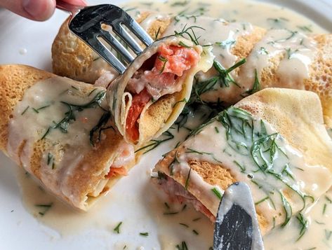 Salmon Crepes, Crepes Recipe Breakfast, Crepe Bar, Dill Sauce For Salmon, Fancy Brunch, Lemon Dill Sauce, Dill Salmon, Crepe Recipe, Sauce For Salmon