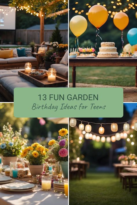 Throw an awesome 13th birthday party under the stars this year! Set up a cozy garden atmosphere with twinkling lights, comfy blankets, and pillows for a magical outdoor experience. Plan fun outdoor activities like movie nights with popcorn stations or crafting stops with colorful supplies. Your teen and their friends will love the games and laughter surrounded by blooming flowers. Explore unique ways to make their 13th birthday unforgettable with these amazing garden party ideas that blend fun and creativity just perfect for a teen celebration! Birthday Party Ideas Garden, Garden Birthday Ideas, Teenager Party Ideas, Girls 13th Birthday Party Ideas, 13th Birthday Party Ideas For Teens, Birthday Ideas For Teens, 13th Birthday Party Ideas, Party Under The Stars, 13th Birthday Party