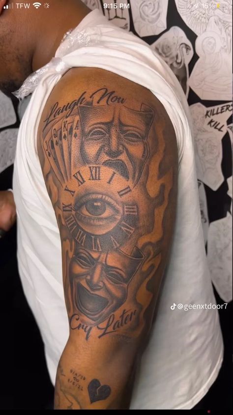 Upper Arm Tattoos For Black Guys, Meaningful Tattoos For Guys Sleeve, Dream Chaser Forearm Tattoo, Shoulder Bicep Tattoo Men, Meaningful Shoulder Tattoo Men, Half Sleeve Tattoos For Men Upper Arm Black, Best Sleeve Tattoos Men Black, Quarter Sleeve Tattoos For Men Upper Arm, Rare Tattoos Men Shoulder