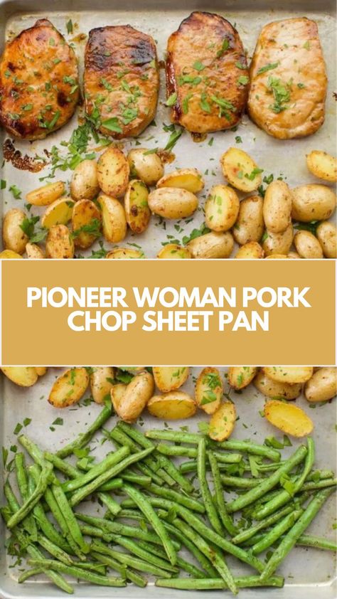 Pioneer Woman Pork Chop Sheet Pan uses honey, Worcestershire sauce, ranch mix, pork chops, potatoes, and green beans. This recipe takes 22 minutes to cook and serves 4. One Pan Ranch Pork Chops And Veggies, Pork With Beans Recipe, Pork Chop Sheet Pan Dinner Pioneer Woman, Pork Chop Recipes With Sweet Potatoes, Sheet Pan Ranch Pork Chops, Sheet Pan Pork Chops And Asparagus, Pioneer Woman Fiesta Pork Chops, Sheet Pan Pork Chops And Brussel Sprouts, Recipes With Pork Loin Chops