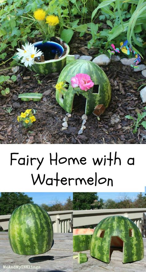 What a fun and cute way to use a the rind of watermelon that would otherwise go in the trash, create this adorable fairy home!  #fairies #fairyhome #watermelon #fun #cute #getcrafty #makestuff Watermelon Diy, Carved Watermelon, Tea Towels Diy, Fruit Watermelon, Watermelon Carving, Fairy Home, Watermelon Ice, Watermelon Rind, Fairy Crafts