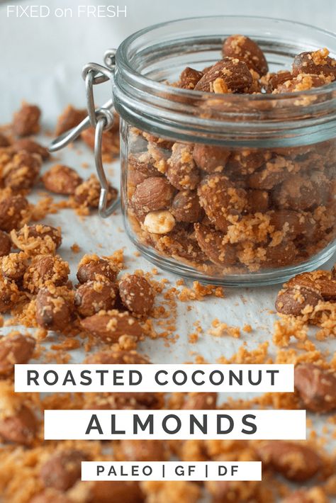 Roasted Coconut Almonds are an easy snack recipe with only 6 ingredients and it's healthy too! There are no refined sugars so it's paleo friendly and gluten and dairy free #paleo #paleosnacks Coconut Crunch, Coconut Almonds, Roasted Coconut, Almonds Recipe, Dairy Free Paleo, Gluten And Dairy Free, Calorie Meal Plan, Crunchy Snack, Coconut Almond